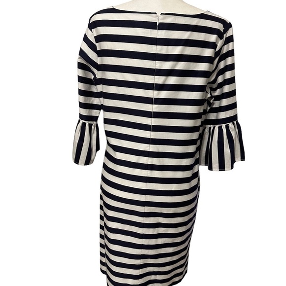 J and J Navy Blue Striped Dress with Bell Sleeves Size Large Whimsical Preppy - Picture 2 of 5